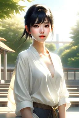 Digital art, high quality, digital masterpiece, natural illumination, sunny day, summer time, Spotlight, realistic, action film style, magazine style, (full body:2.5), (1 young chinese girl on white chinese clothes, standing:3), (Black hair, long:1.8), (sexy eyes:1.8), (Cute femenine face:1), (tall:1.8), (White chinese clothes:3), (Chinese Great Wall:1.8), Divine glow