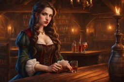 A young woman with pale skin and long brown hair in a fantasy tavern setting with intricate details. She is smirking, a tavern wench pouring a glass of whiskey, has intense red eyes, intimidating presence. High definition.