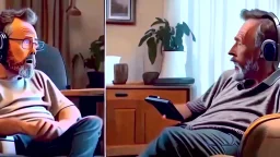 man sitting in his lazy boy chair at home argues with his AI clone on the phone