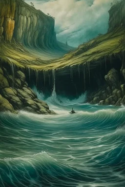 A cave with covered with waterfalls