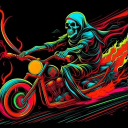 occultic Grim Reaper with scythe on a harley chopper with high handlebars speeding down a surreal burning highway, dark velvet poster, dramatic, horror poster, sinister, dark neon colors, fantastical, by Ed Big Daddy Roth