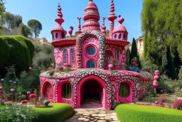 A pink and magenta castle with a garden designed in African pottery painted by Jean Dubuffet