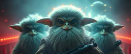volume fog light, hyper real close up on fluffy beard faces of rock alien cricket duck priest gremlin man general with hi tech transcendent lazer plasma blaster arsenal from hell, guarding bridge up to space saucer neon plastic transparent, movie poster