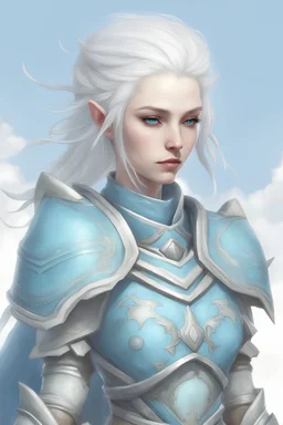 air genasi pastel blue skin white hair female cleric in armor