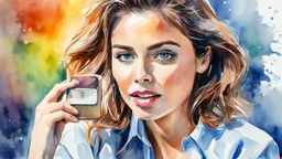 watercolor, gouache, acrylic, beautiful woman talking on a smartphone, clear focus, high detail. 3d, 64k, high resolution, computer graphics, hyperrealism, f/16, 1/300 sec. digital painting, pop art,