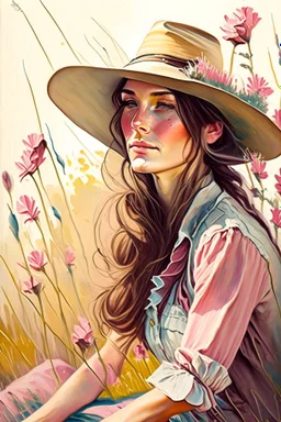 P: a young old-time cowgirl sitting in wildflowers and tall grasses, peaceful vision, wisps of hair around her face, straw hat, pink floral dress, muted colors, soft watercolor