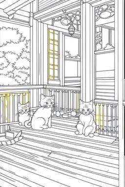 kids coloring page, Cats on the porch, cartoon style, thick lines, low detail, no shading