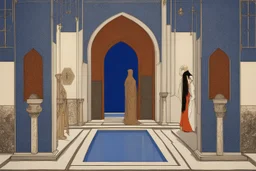 an open gothic_Arab gate in a blue-tiled wall with a view of an old city by artist "Beardsley",by artist "Rackham",by artist "Bertha Lum",by artist "Dulac",by artist "Erte"