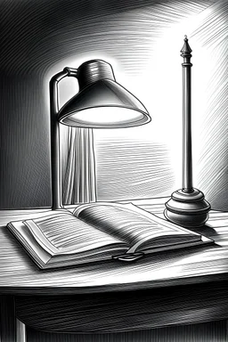 a modern desk lamp lighting up a book from a table pencil drawing