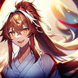 Clear focus, 8k, beautiful lighting, vibrant colors, girl, white long hair, vibrant golden eyes, messy hair, hair in between the eyes, laughing, angry, miko, ponytail,