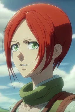 Attack on Titan screencap of female with red hair and green eyes. Wit studio screencap. Beautiful background scenery behind