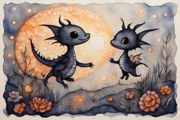 painted and burned burlap, moonlight, cute chibi dynamically jumping dragon, flowers, styles of Paul Klee Dee Nickerson and Tim Burton, melting watercolor and black ink outlines on wet paper, soft, shading strokes, in candlelight, ethereal, otherwordly, cinematic postprocessing, bokeh, dof