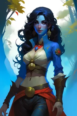 create an adult female air genasi from dungeons and dragons, black medium hair, light blue eyes, blue skin, wavy hair, wearing red leather clothing, full body, digital painting, high resolution, forest background, a bit zoomed out