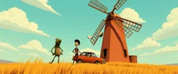 windmill scene from gorillaz music video, with car and moose, cartoon guys