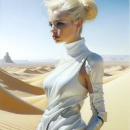 An oil painting of a futuristic girl from Dune's film in the style of Hajime Sorayama, inside a light white digital desert landscape.