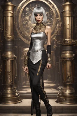 full body and headshot of a skinny Cleopatra, with a silver bob hairstyle, standing in a steampunk setting.