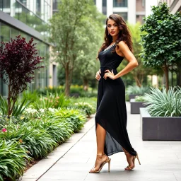 very beautiful lady with makeup long curly hair pretty prances jeweled maxi dress high heels, full body posing_to_camera in a modern city garden