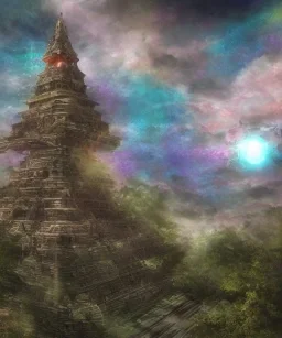 Seraphic angelic holy tower pagoda mothership starship photorealistic colorful rainbow sky massive tree canopy light beams birds flying futuristic rusty destroyed mechanical astral one ghosts poltergeist haunt mechwarrior transformer ninja samurai sword gundam alien abandoned wreckage in old battlefield blast crater on the lunar surface ancient pyramid temple urban ruins trees plants vines ferns palms