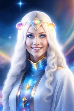 cosmic woman smile,galactic fédération, admiral from the future, one fine whole face, crystalline skin, expressive blue eyes,rainbow, smiling lips, very nice smile, costume pleiadian, Beautiful tall woman pleiadian Galactic commander, ship, perfect datailed golden galactic suit, high rank,rainbow hair, hand whit five perfect detailed finger, amazing big blue eyes, smilling mouth, high drfinition lips, cosmic happiness, bright colors, blue, pink, gold, jewels, realist, high,ufo,butterfly rainbow,