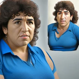 Create a highly realistic 3D scene. An detailed Realistic of Play Football Diego Maradona transforming her into a woman with the same specifications as the attached image. The method of transforming the painting in full detail. A comedic and funny touch. Ultra wide angle. Extremely realistic fine details. Highly realistic detailed display. Great full presentation and amazing drawing style. Transfer the full detailed drawing of the image at a wide and precise angle. Inspiri