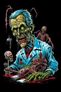 Science experiment Horror surgeon by Richard Corben, Todd Schorr, T-Shirt Design, Black Background