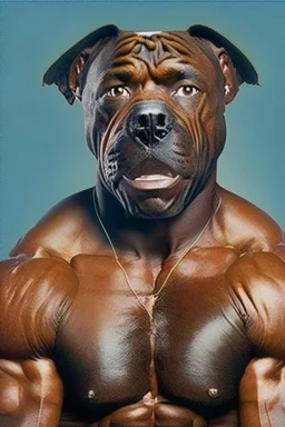 Bodybuilder Lee Haney with the face of a Rottweiler dog A dog's head instead of a person's head Only the player's body with a bulldog head on it