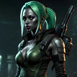 Attractive young female drow wearing a bodysuit, post-apocalyptic background, dark eyeshadow, green hair, anime style, video game character, unreal engine, trending artstation, trending deviantart