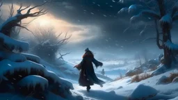 In the cold winter, when heavy snow falls, events escalate at a rapid pace, as if nature itself stops to watch the raging conflict between the hero and the witch. The hero confronts the witch in a land completely devoid of life, where the struggle between two supernatural forces unfolds. Magic waves rise around the witch and snow slowly hangs from the sky, enhancing the essence of the conflict. The moonlight intersects with the witches' brilliance, drawing prominent shadows on the snow-covered