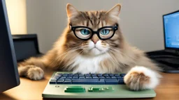 very clever cat with glasses playing computer games