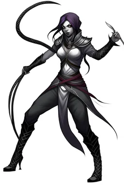 female gray skin Shadar-Kai wielding a Whip a whip made out of black thorns