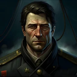The submarine gunner Sylas Steinhardt, a well groomed dark haired man with scars on his face realistic grimdark setting,