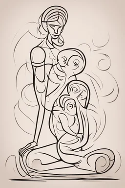 Abstract Picasso style drawing of a woman making pilates with a baby. No faces. Outline only