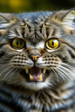 A pallas cat with brown eyes laughing