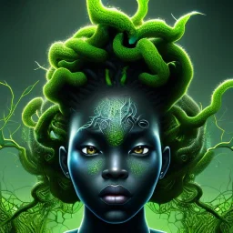 line art .the face of A young black woman. A wood nymph emerging from the forest. Her hair looks like vines. Dreadlocs. Her skin is the colour of dark soil. Her skin looks like tree bark. Her clothing is made of vines, grass and leaves.