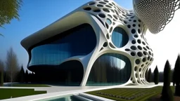 Generate a modern house that mixes the style of the work "Flower of Life II" by Georgia Totto O'keeffe and the "Heydar Aliyev Center" by Zaha Hadid