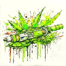 Create an asymmetrical balanced watercolor images of Syringe injection, cocain, cigarrates and weed , heavy brushstrokes, conveying the loss of control and disintegration caused by substance abuse.