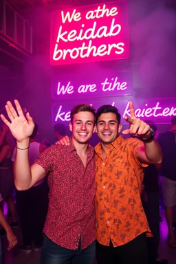 An "Identical twins" performing at dance club, theyre name is "Martin and Mercurius" Happy and celebrity look, , Neon lights and smog, "We are the kebab brothers" big sign on the wall