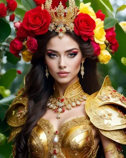 📷💃 length image full body gorgeous pretty super model girl as beautiful queen,floras crown,high details photo of luxury golden armor color designed made of flora flowers🌹 colors orchids and red,yellow,details color roses 🌹she using accessories luxurious diamonds jewelrys, flowers,surrounded 🌿🌿🌿leaves,so many surrounding butterflies, pretty face beauty colors make up cosmetic,bigbusty,perfect body,green leaves flowers gardens background