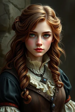 A pretty fantasy girl, hazel hair, intelligent, historical, middle-aged