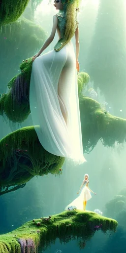 Tiny cute and adorable female elven adventurer dressed in a fresh lightdress and bare feet into a white room, in style of Cedric Peyravernay Art, microdetails, ultradetailed, long shot --ar 2:3 --beta --upbeta