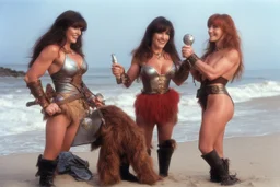 two happy women: Red Sonja and Xena presenting womanizer toys on the beach (1980)