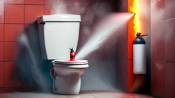 using fire extinguisher to spray at the overflowing toilet