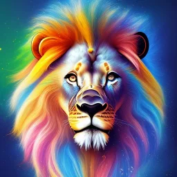 Lion portrait, bright colors, finger paint, splash, centered, detail, 8k resolution,