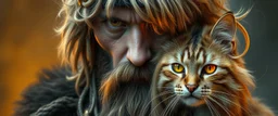 high class realism, dented skin, victorian era, cyber punk, A really close up portrait of one viking person individually mutated with hairy wigs glowing, and a long haired cat that just came out of a violent twister with its long hair twisted
