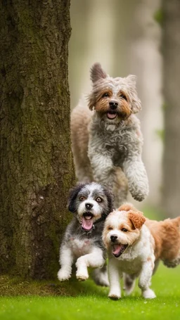 extreme close up photography of two cute puppy lagotto romagnolo happy dogs in a wood , running looking for truffles , in Tuscany Italy , photorealistic, backlight, 35mm lens