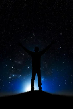 The outline of a figure stretching his arms towards the sky. In the sky, the stars are all in nature.