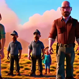 Walter White and his family, 8k, realistic face, with a fedora, sunset background, zombies.