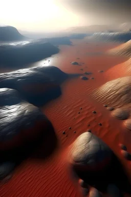 Imagen desde arriba de cerca de la superficie de un planeta desconocido, se puede apreciar el pasaje desertico color rojo, clima seco, con algunas elevaciones rocosas y lagos humeantes, entre rocas algunas especies tipo grandes dinosaurios y vegetacion parecida a la que hay en los desiertos en el planeta tierra