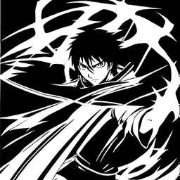 A Young badass adult with short brown hair holding a visible perfect katana with one arm in a fighting stance against an enemy and the other arm raised with one finger up surrounded by the spiritual pressure ANIME BLEACH lOGO by Tite Kubo