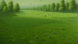 An olive green field with stinky flies painted by Qiu Ying